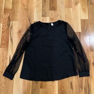 Black sheer sleeved pearl detail blouse size medium